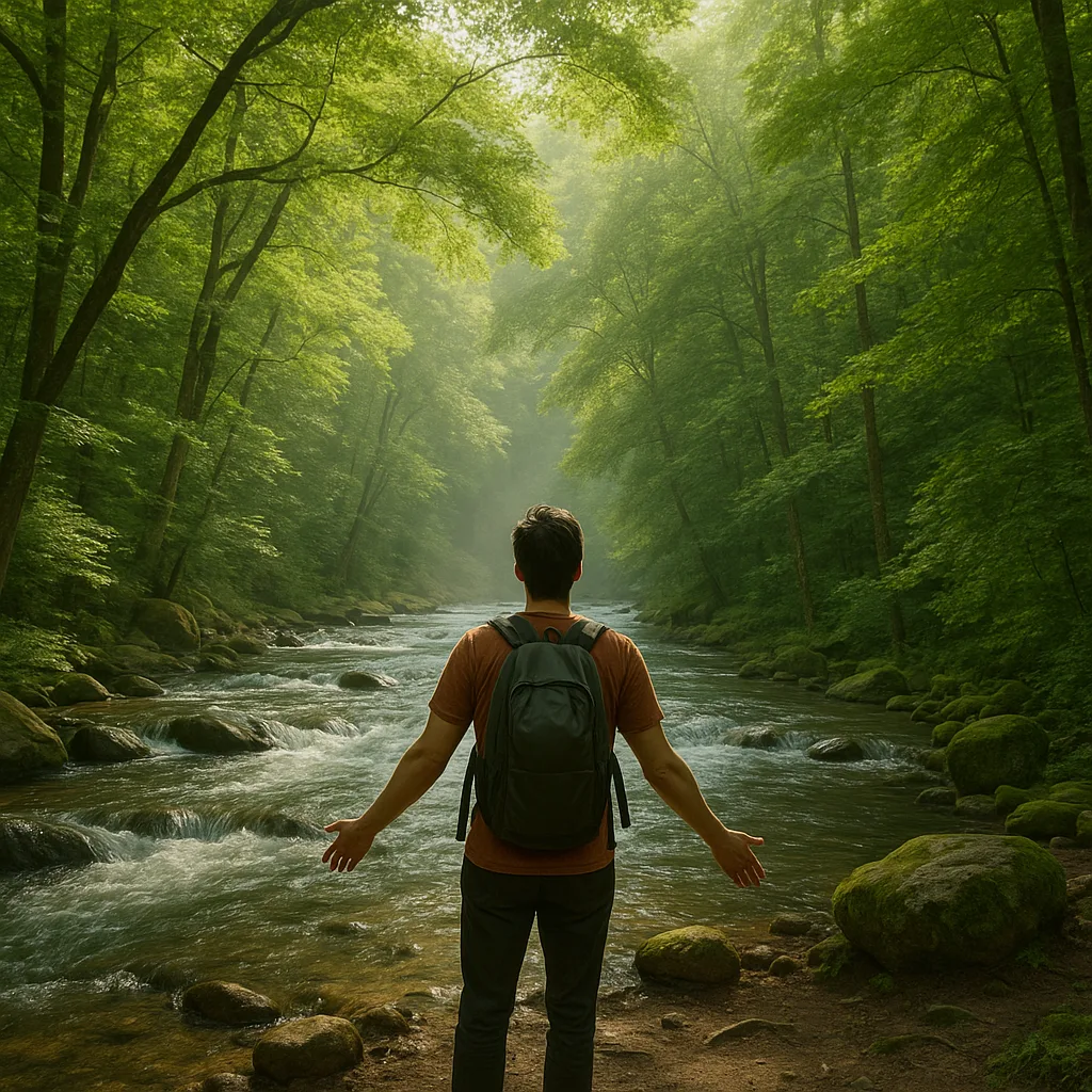 Amidst Vibrant Greenery and Beside a Gently Flowing River
