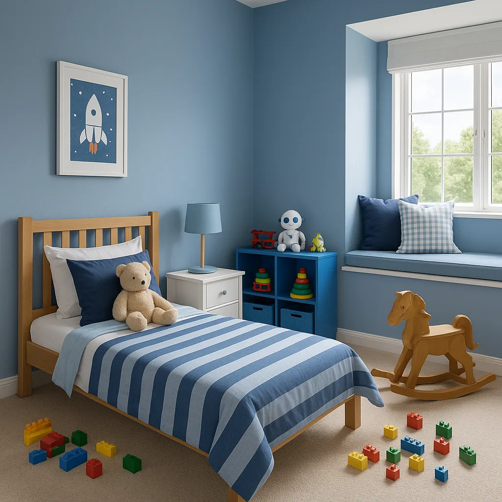 Neatly Organized Blue-themed Child's Bedroom with a Twin