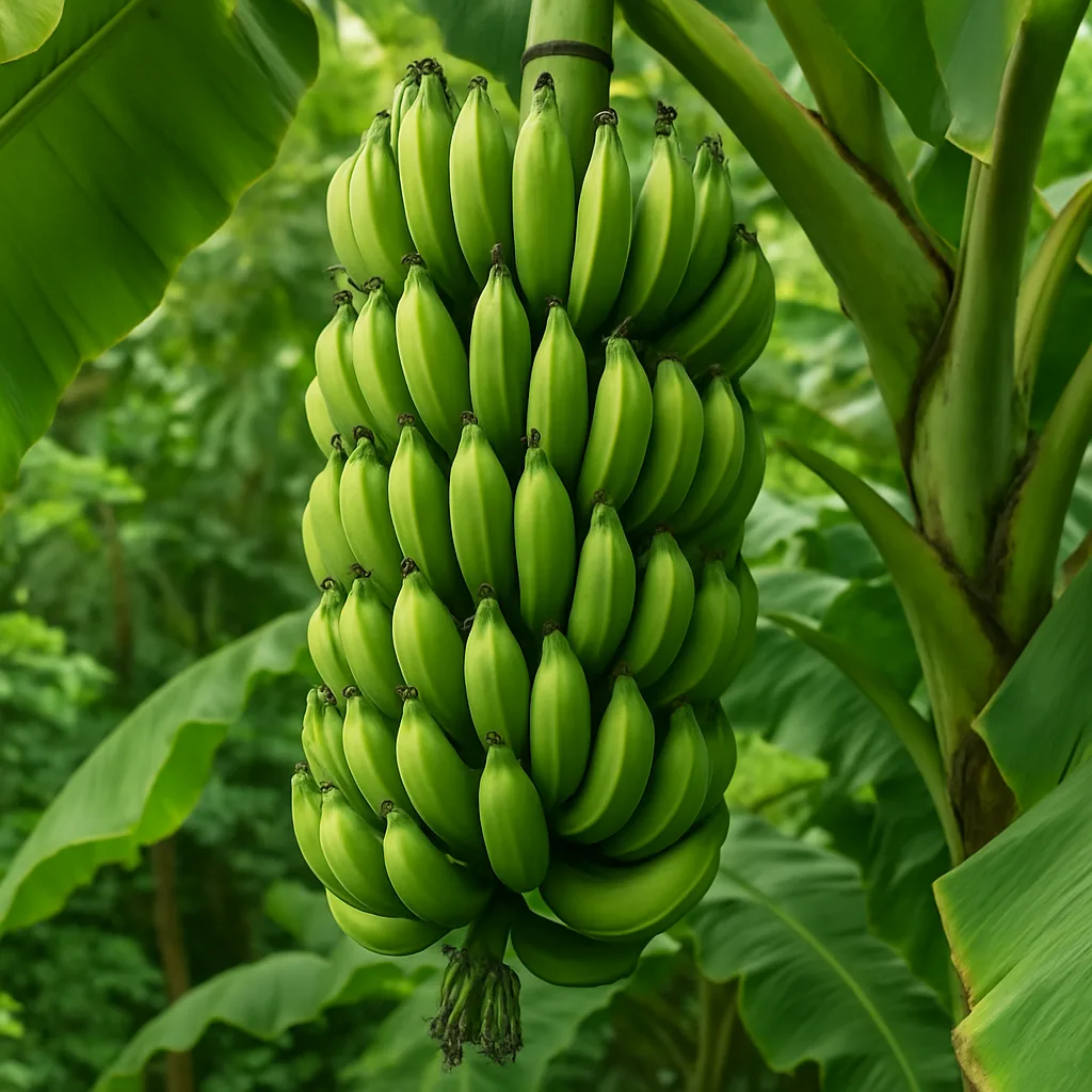 Large Cluster of Green Bananas Hanging from a Banana Tree