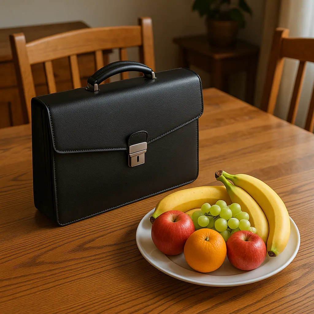 Wooden Dining Table with a Briefcase on It