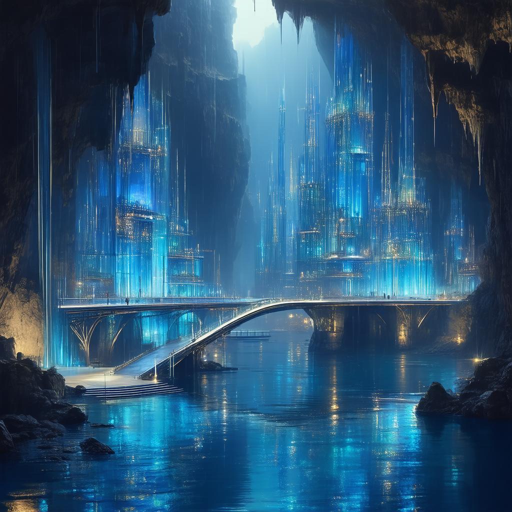 Luminous Glass City Inside a Rainy Cavern