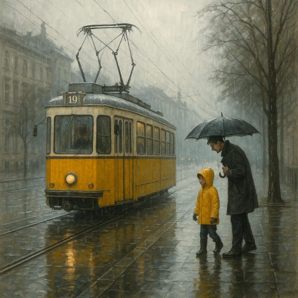 Yellow Tram Travels on Wet Tracks Beside a Sidewalk