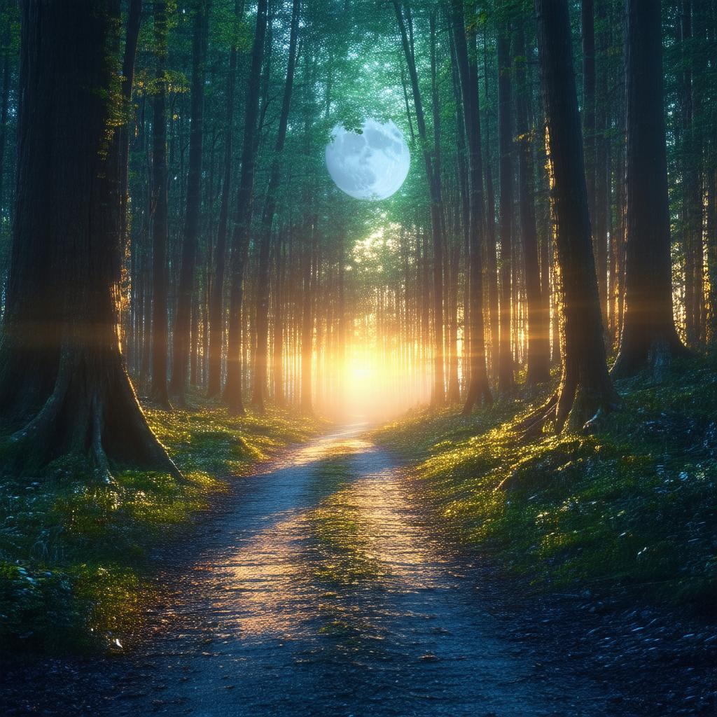 Moonlit Path Through a Surreal 3D Forest