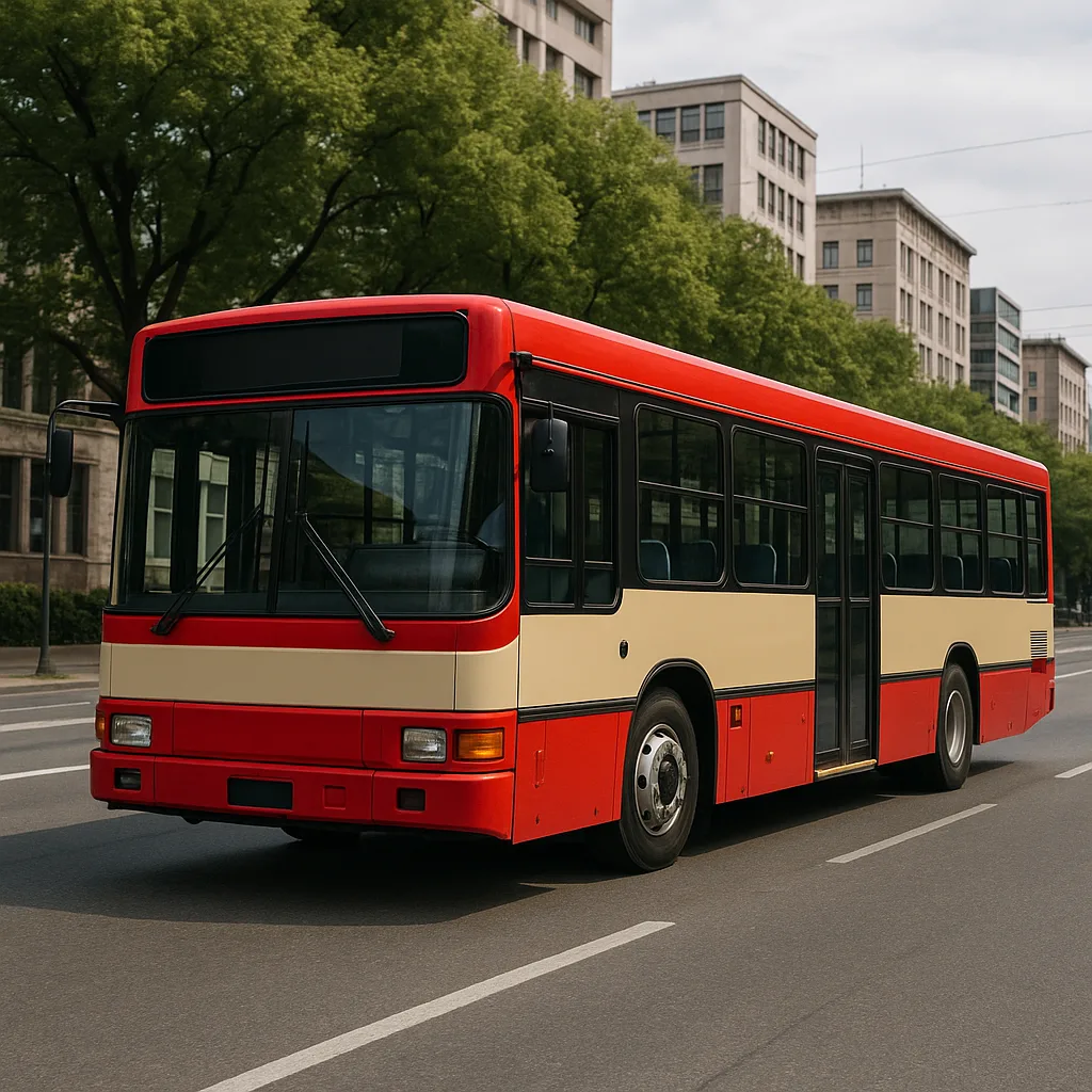 Red and Beige Public Bus Driving on a City Street