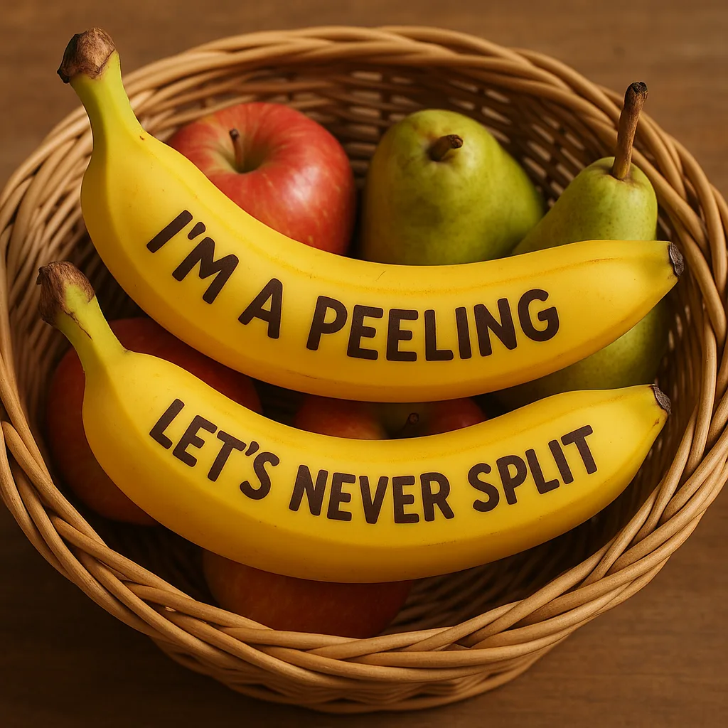 Two Ripe Bananas with Playful Messages Written on Them