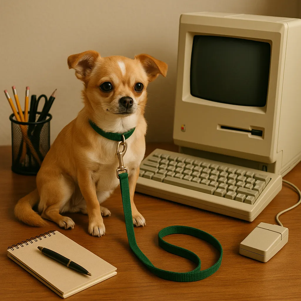 Small Dog with a Green Leash Sits on a Wooden