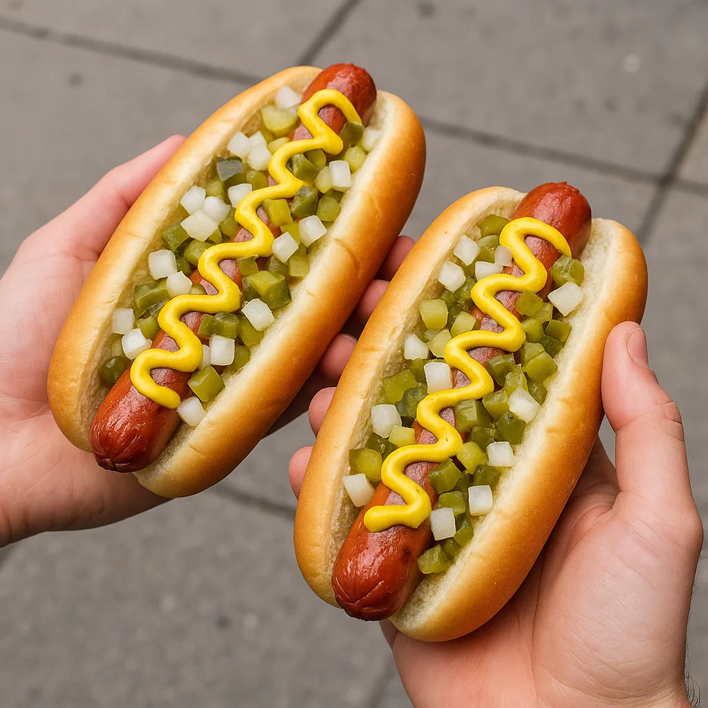 Two Hands Holding Hot Dogs with Toppings Including Diced Onions