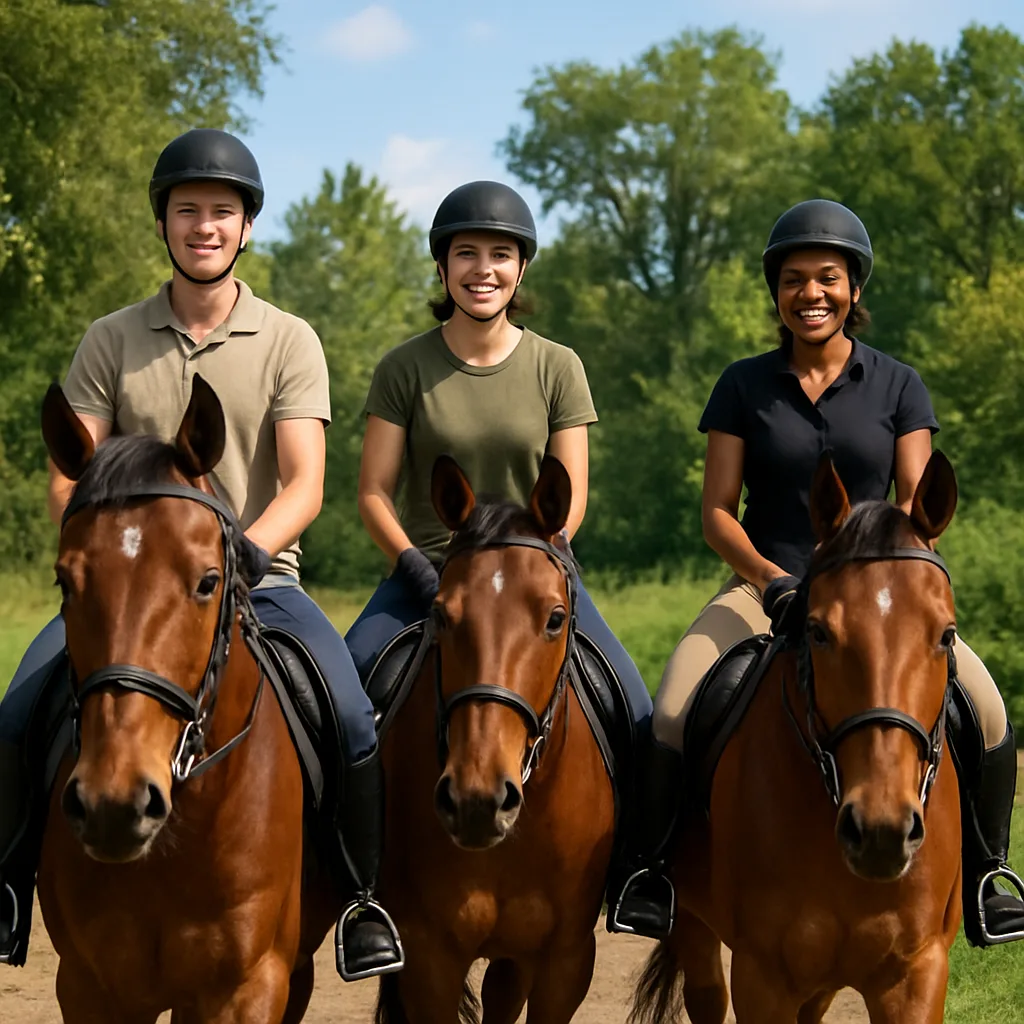 Three People Riding Horses in an Outdoor Setting with Trees