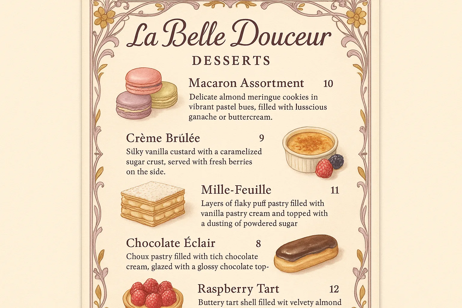 Draft a Polished and Enchanting One-page Dessert Menu for "La