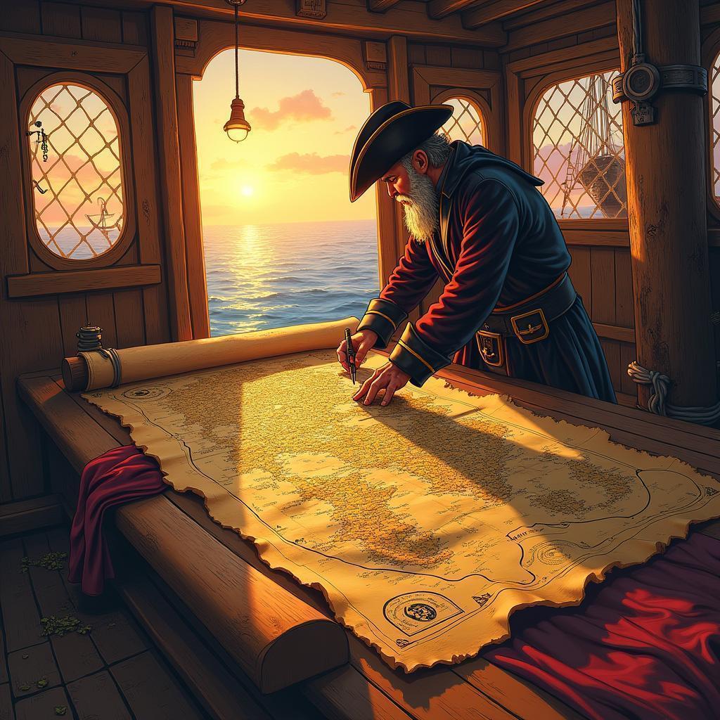 Old Pirate Charting Treasure at Golden Hour