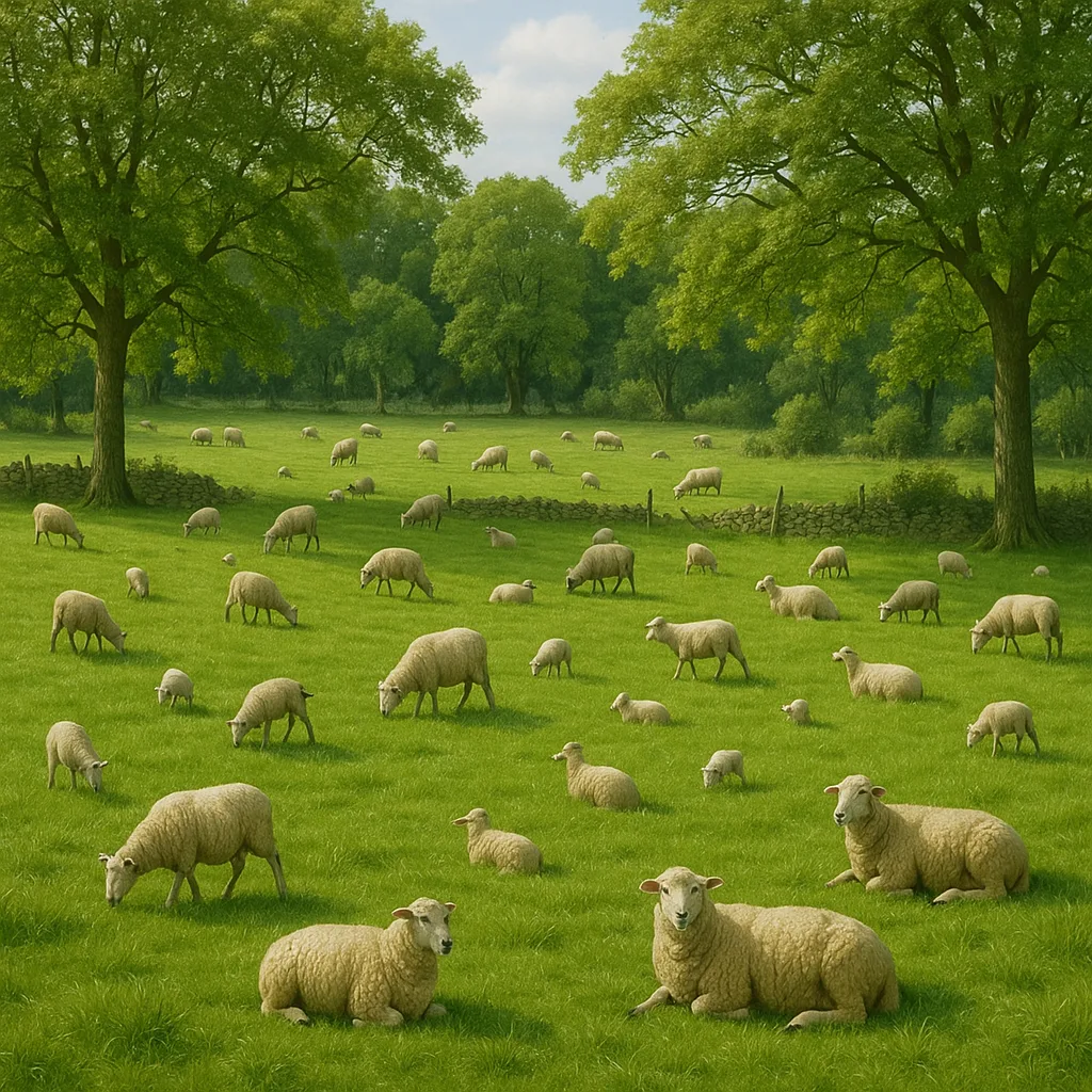 Sheep Grazing and Resting in a Green Pasture