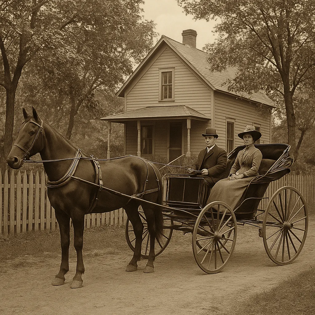 Horse-drawn Carriage with Two Passengers Sits on a Dirt Path