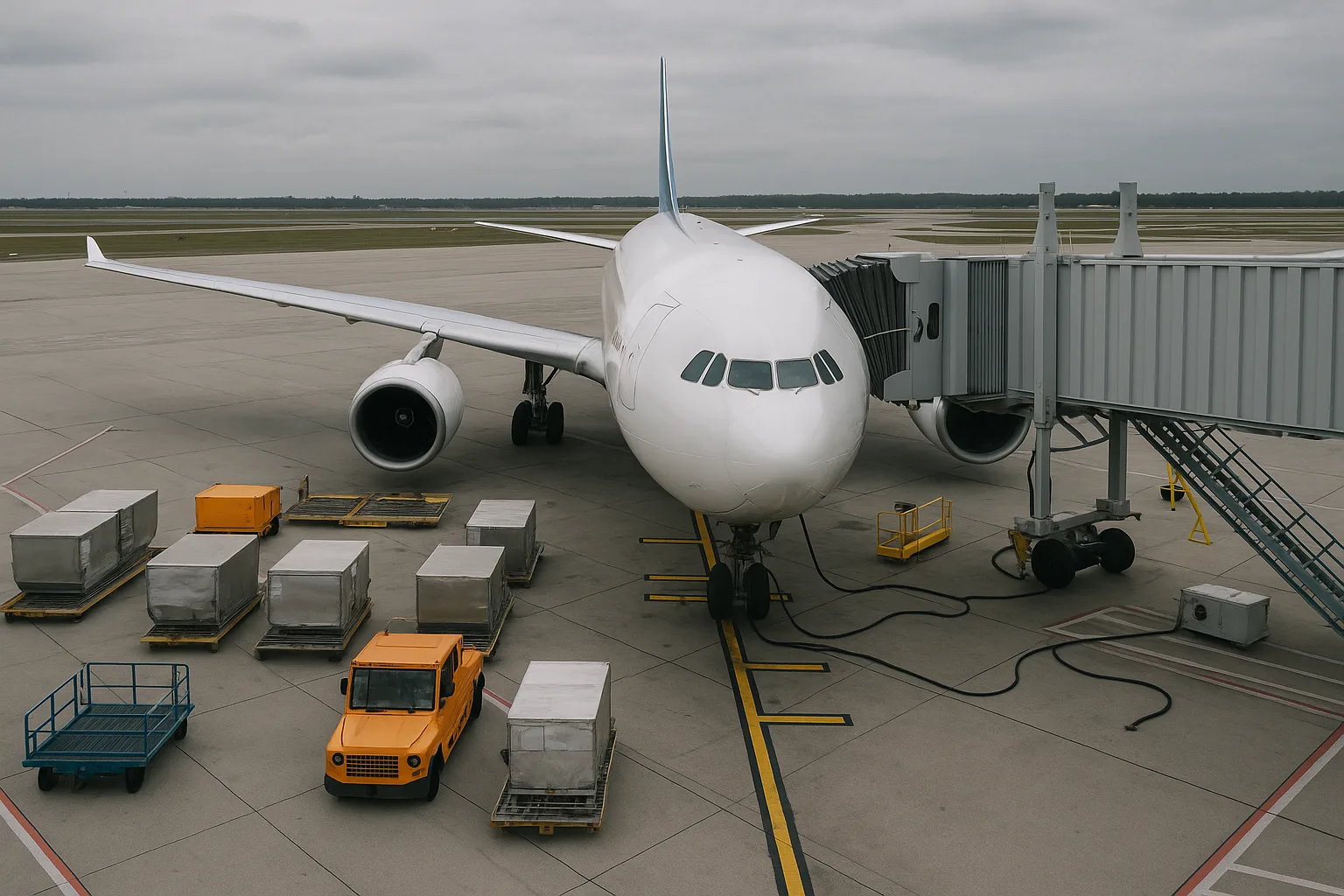 Large Commercial Airplane Docked at an Airport Gate with Cargo