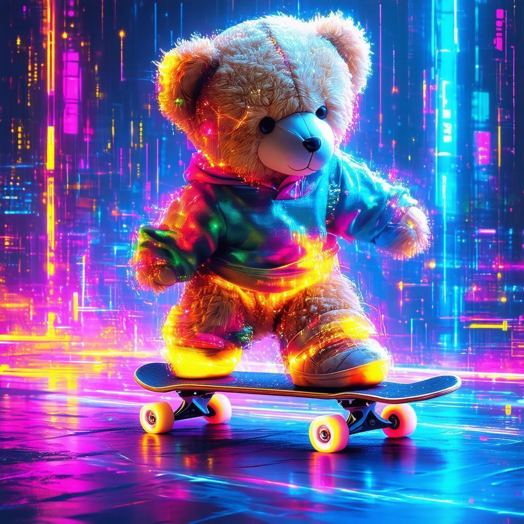 Neon Teddy Bear Shredding a Skateboard