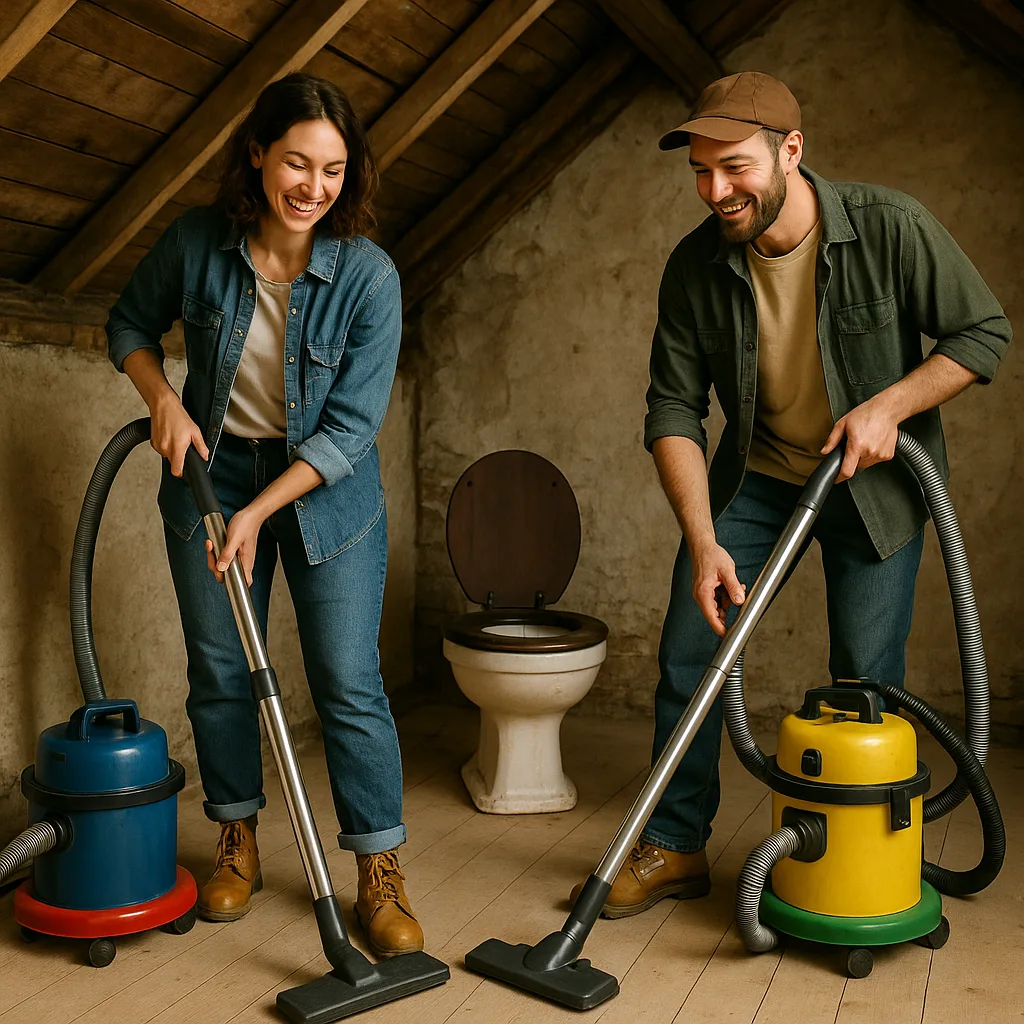 Man and Woman Are Tidying Up Using Vibrant Vacuum Cleaners