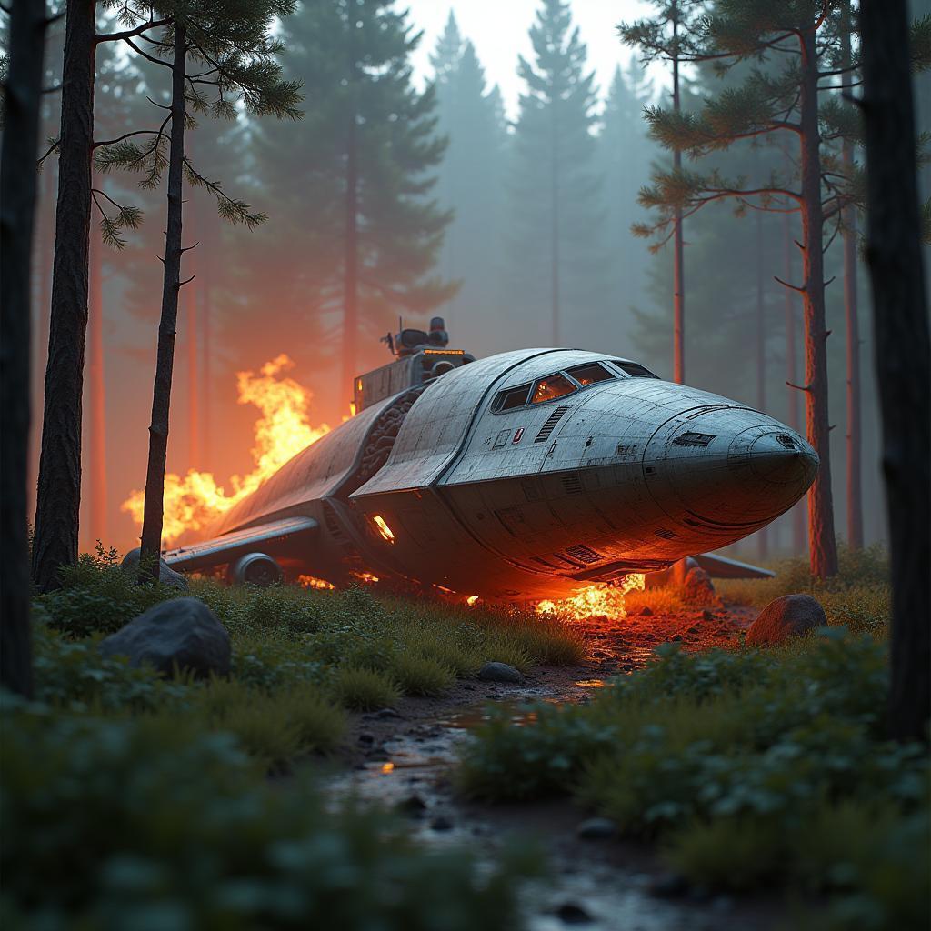 Burning Crashed Spaceship Deep in Forest