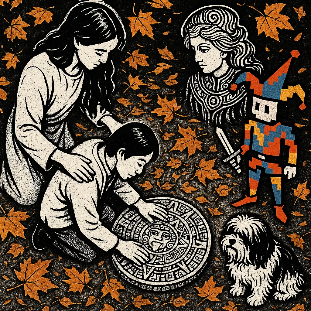 Long-haired Caregiver Attends an East Asian Figure Touching an Aztec