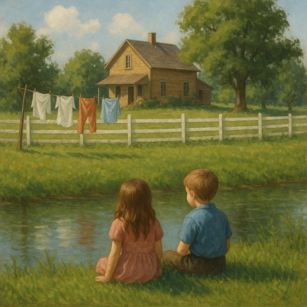 Rural Scene with Children Sitting by the Water