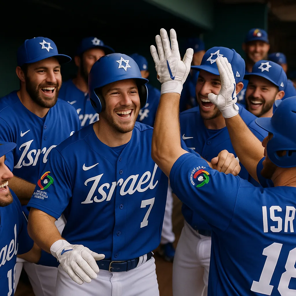 Baseball Players Wearing Team Israel Uniforms Celebrate Together