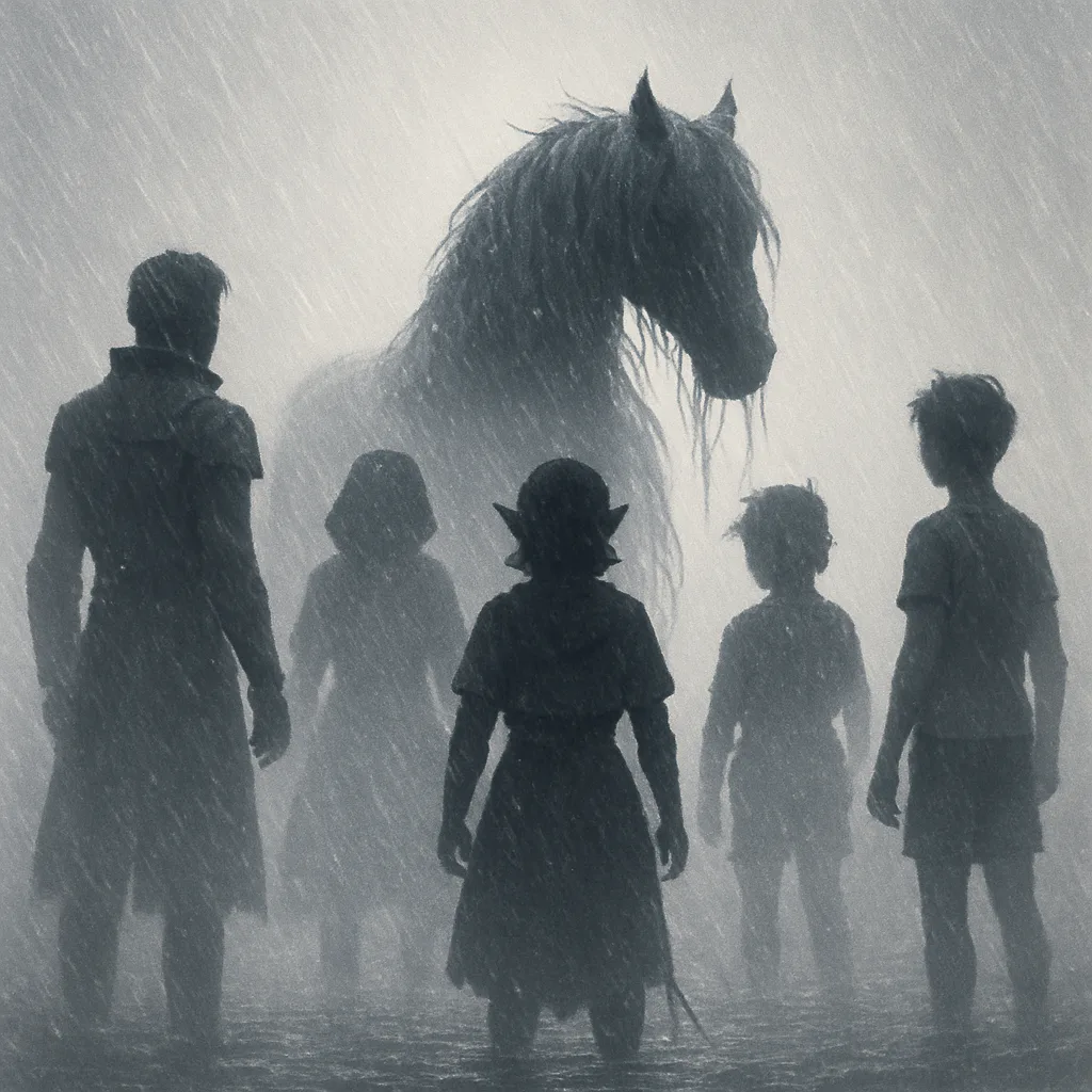 Strongly Backlit Silhouettes of Five Small Human Figures—a Tall Individual