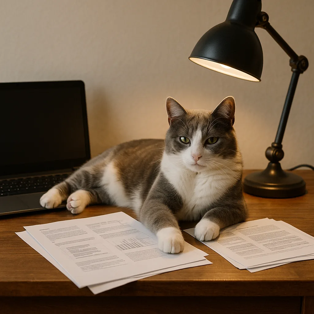 Gray and White Cat Lounging on a Wooden Desk