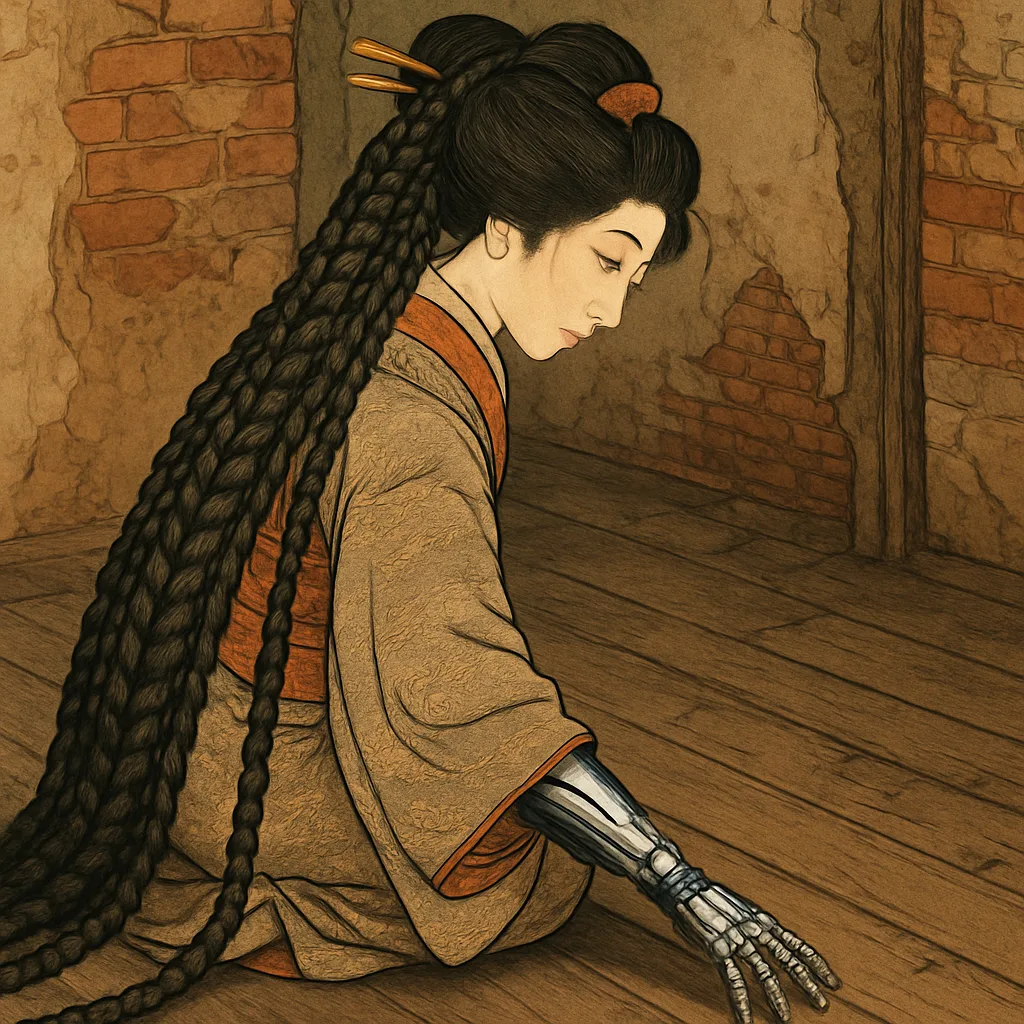 Ukiyo-e Figure with Cascading Intricate Braids Touches a Gleaming Cybernetic