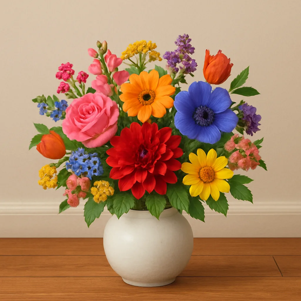 Decorative Arrangement of Colorful Flowers in a White Vase Sits