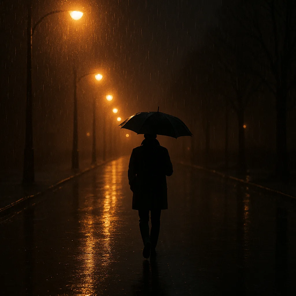 Lone Figure Walks on a Wet Street
