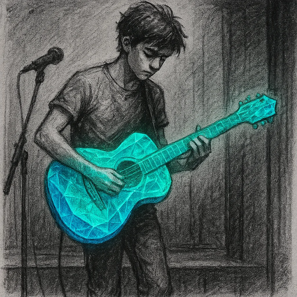 Charcoal Drawing of a Young Guitarist Performing on a Simple
