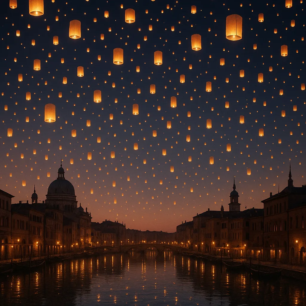 Countless Glowing Lanterns Ascend into the Twilight Sky