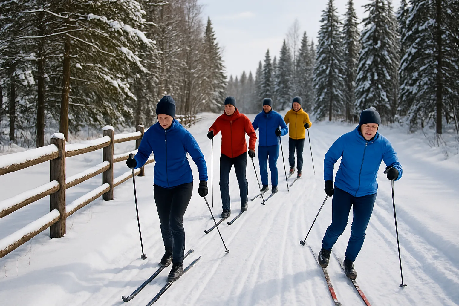Group of People Cross-country Skiing on a Snow-covered Trail