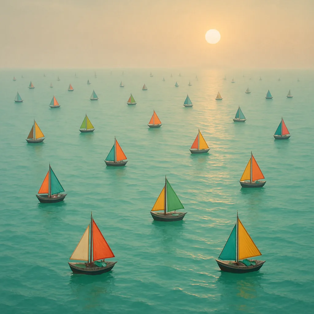 Many Tiny Fishing Boats with Colourful Sails