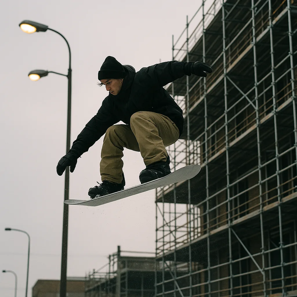 Snowboarder in Mid-air Performing a Trick near Urban