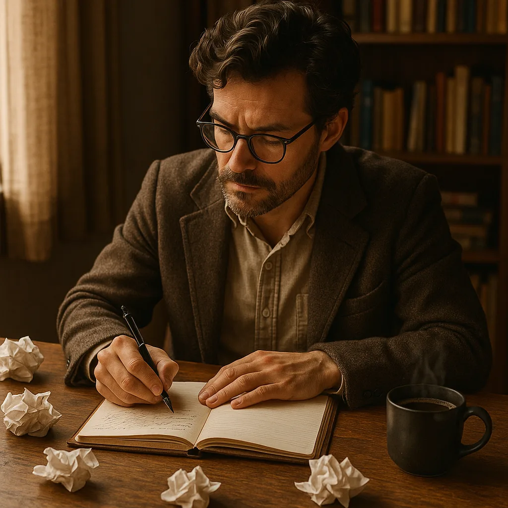 Novelist Is Seated at a Wooden Desk