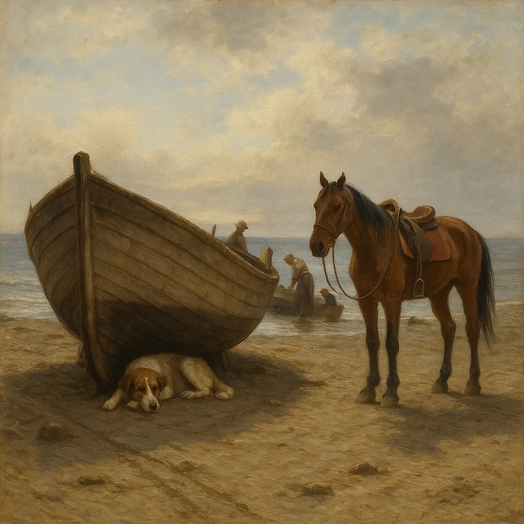 Dog Rests under a Beached Boat
