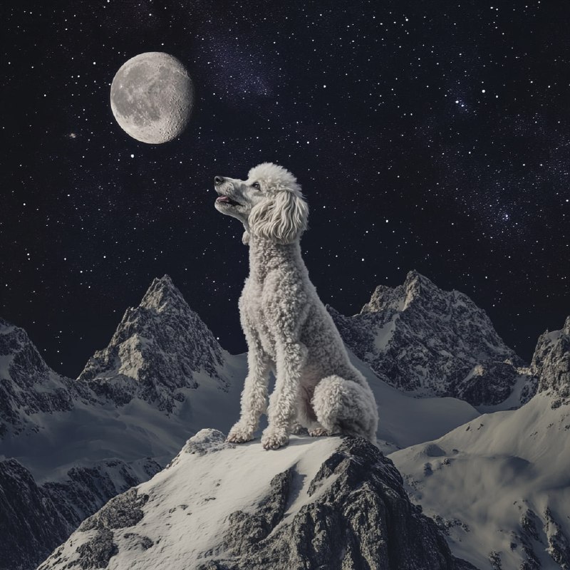 Poodle Howling at Moon on Mountain