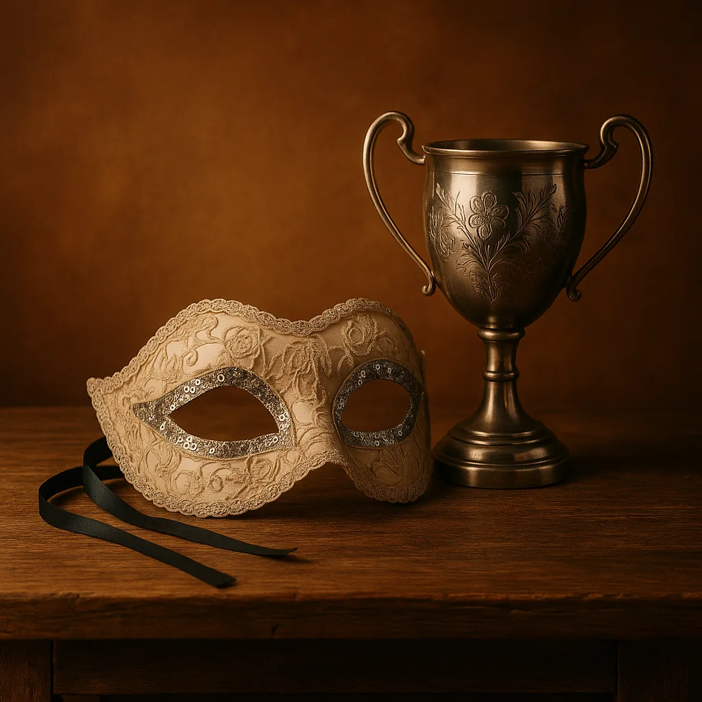Upon a Weathered Oak Table Sits a Delicate Venetian Mask