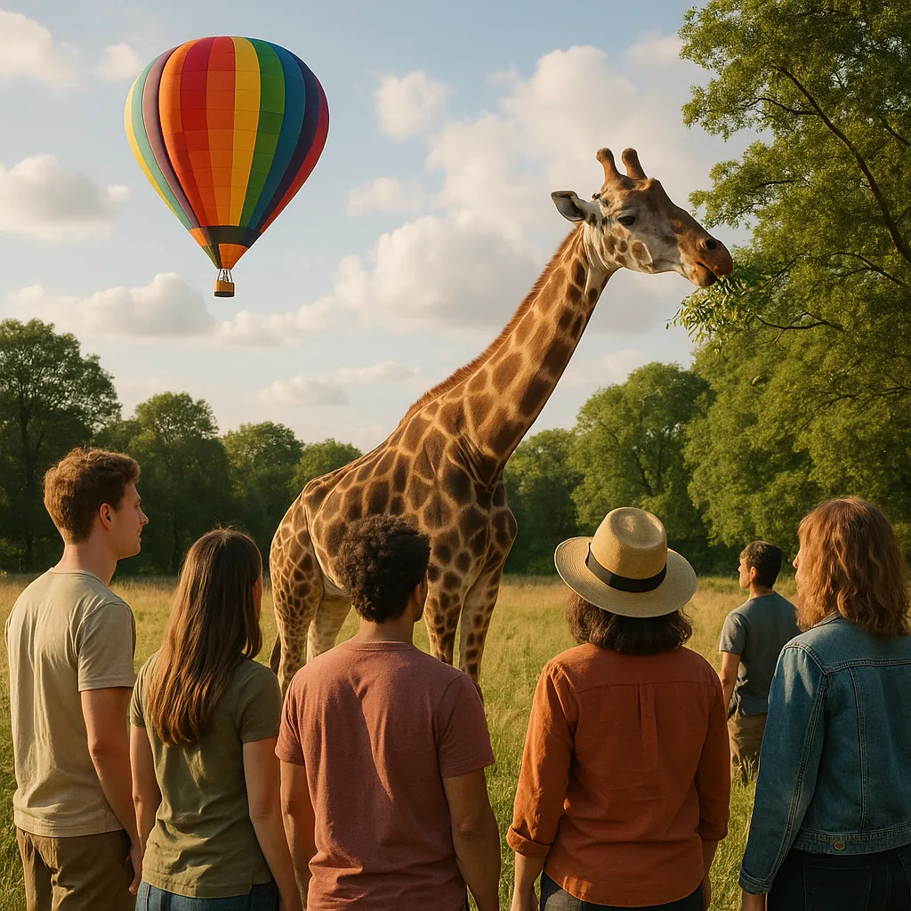 Group of Individuals Watches a Giraffe Feed on Foliage