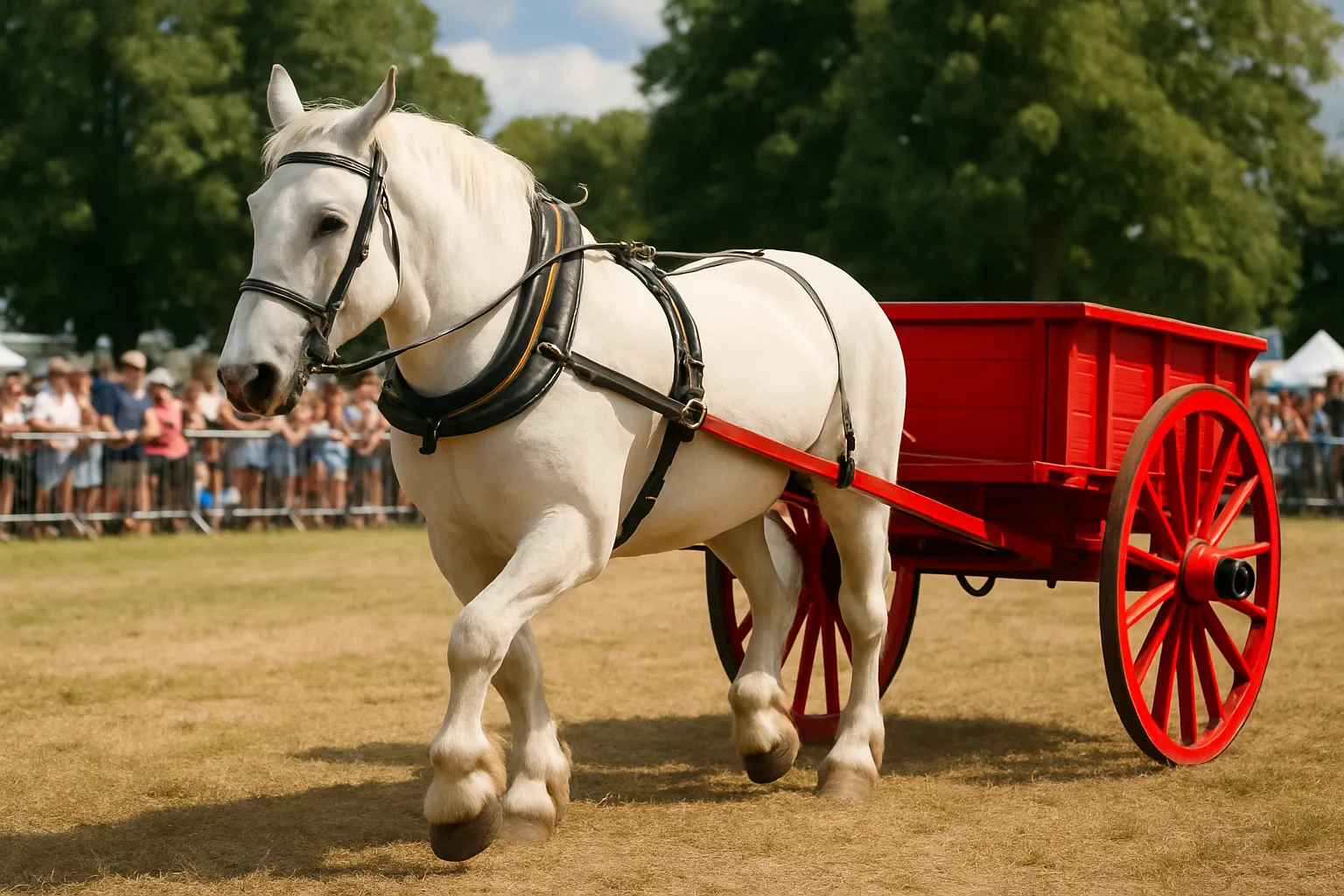 White Horse Pulling a Red Cart in an Outdoor Event