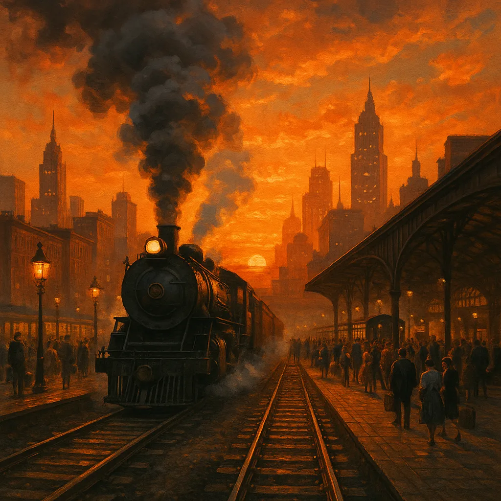 Locomotive Powered by Steam Drawing near a Lively Urban Station