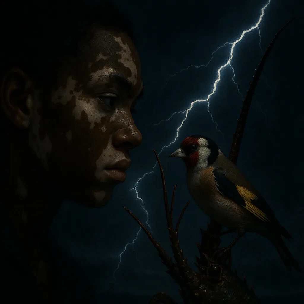 Person with Vitiligo-patterned Skin Regards a Red-faced Goldfinch