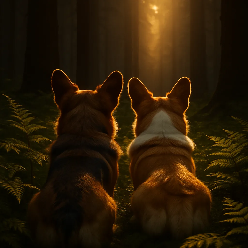 Two Varied Pembrokes Amidst Sun-dappled Ferns