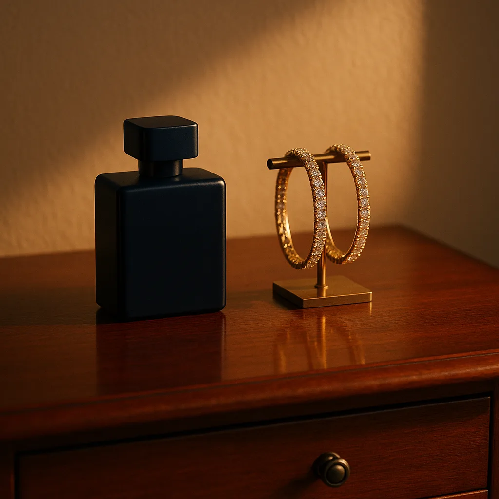 Dresser Showcases a Stylish Navy Blue Perfume Bottle