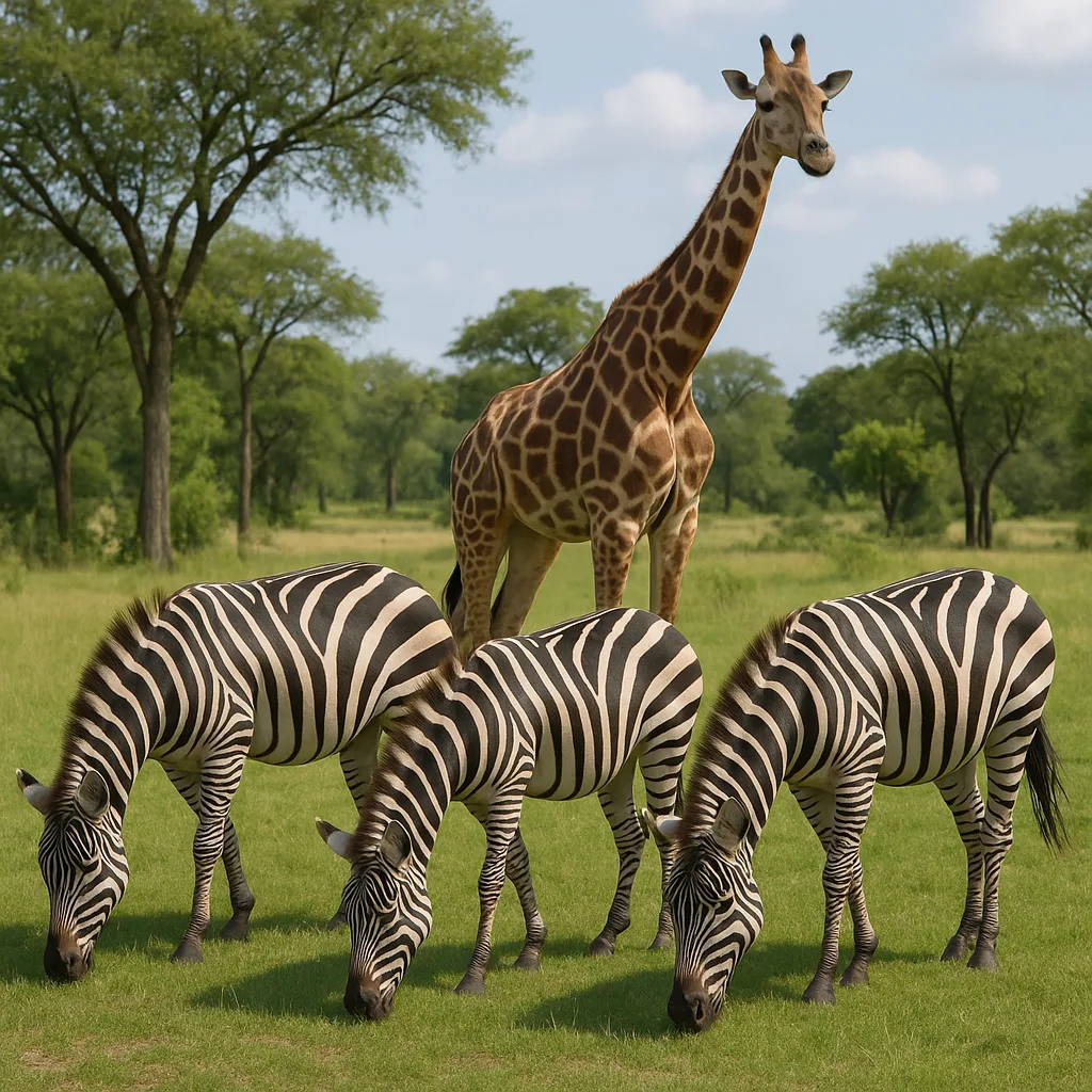 Three Zebras Grazing in a Grassy Area with a Giraffe