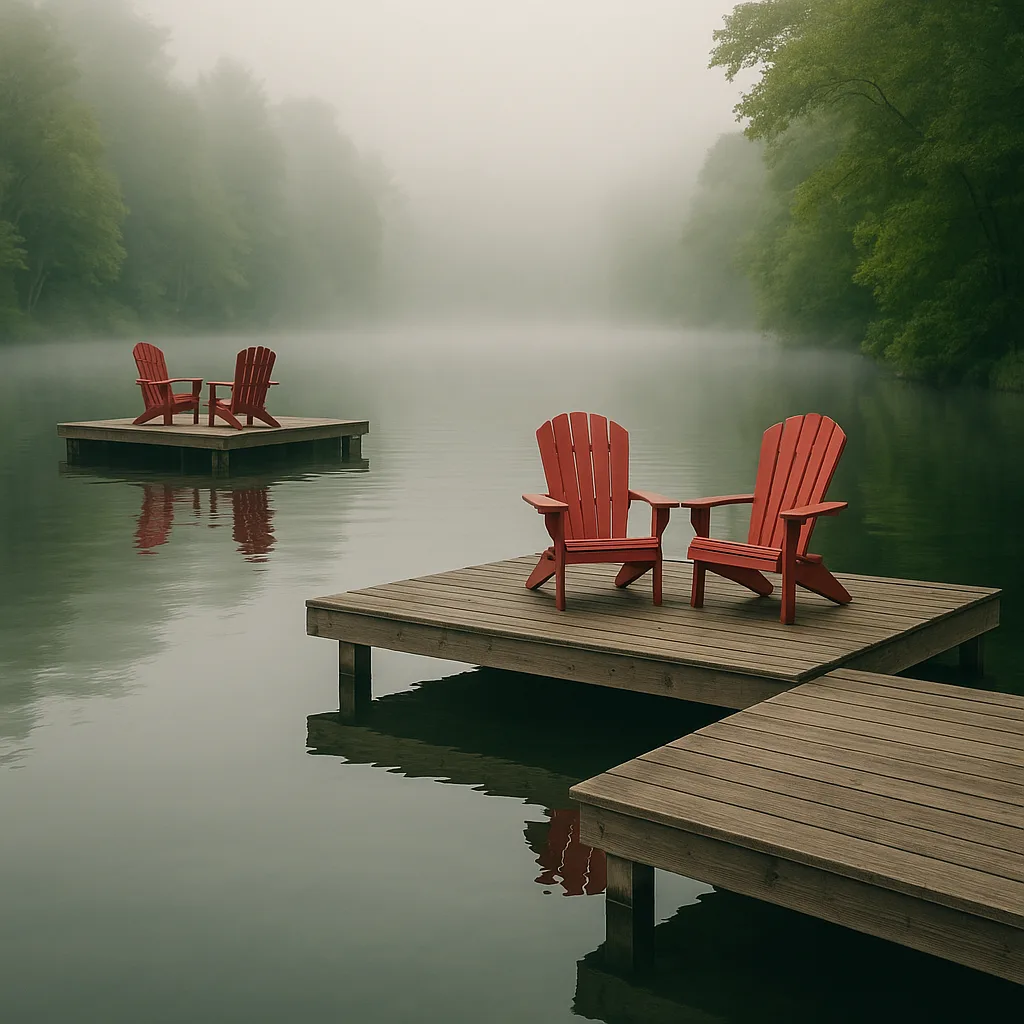 Serene Lakeside Scene with Wooden Docks and Red Adirondack Chairs