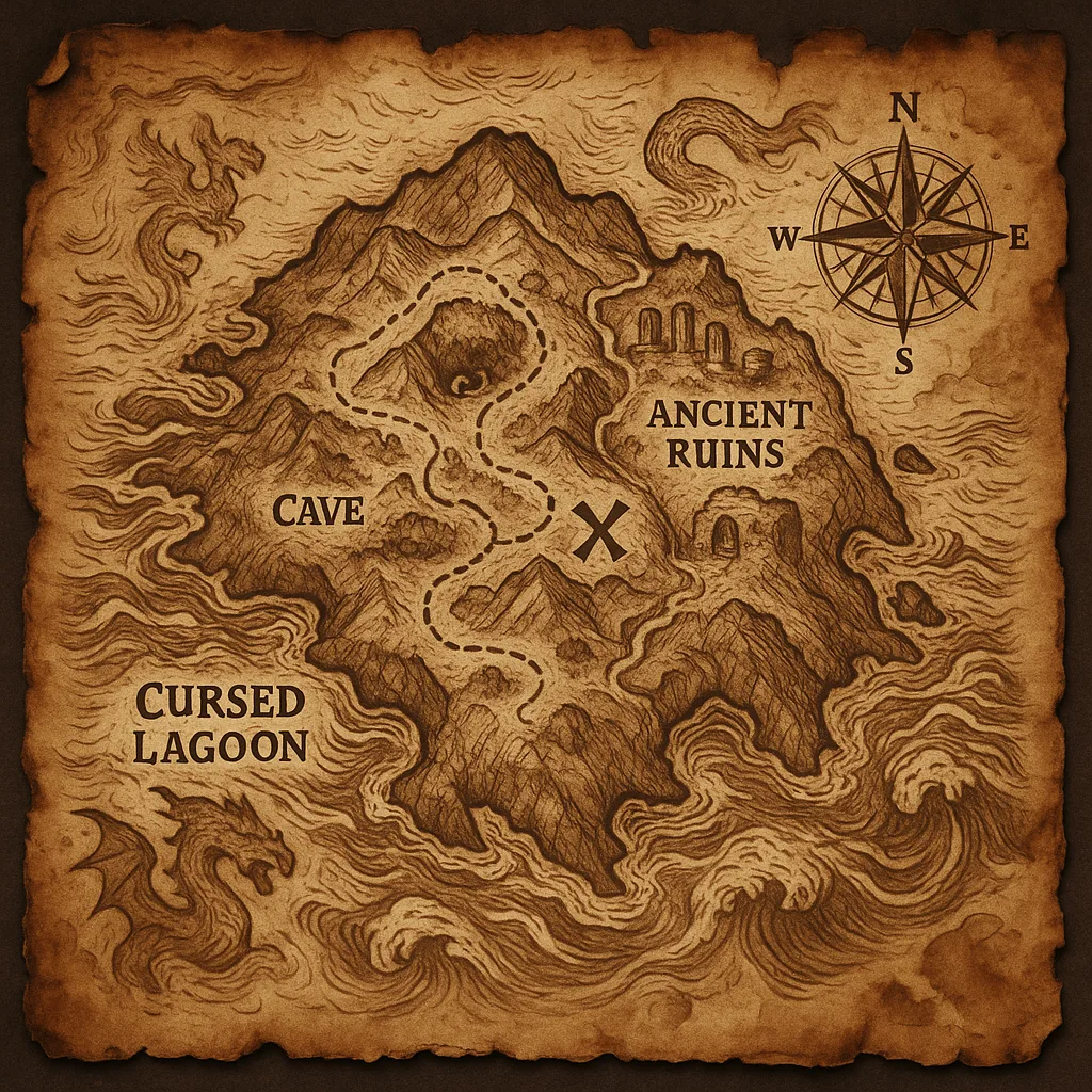 Detailed Treasure Map Depicting a Rugged Island Encircled by Stormy