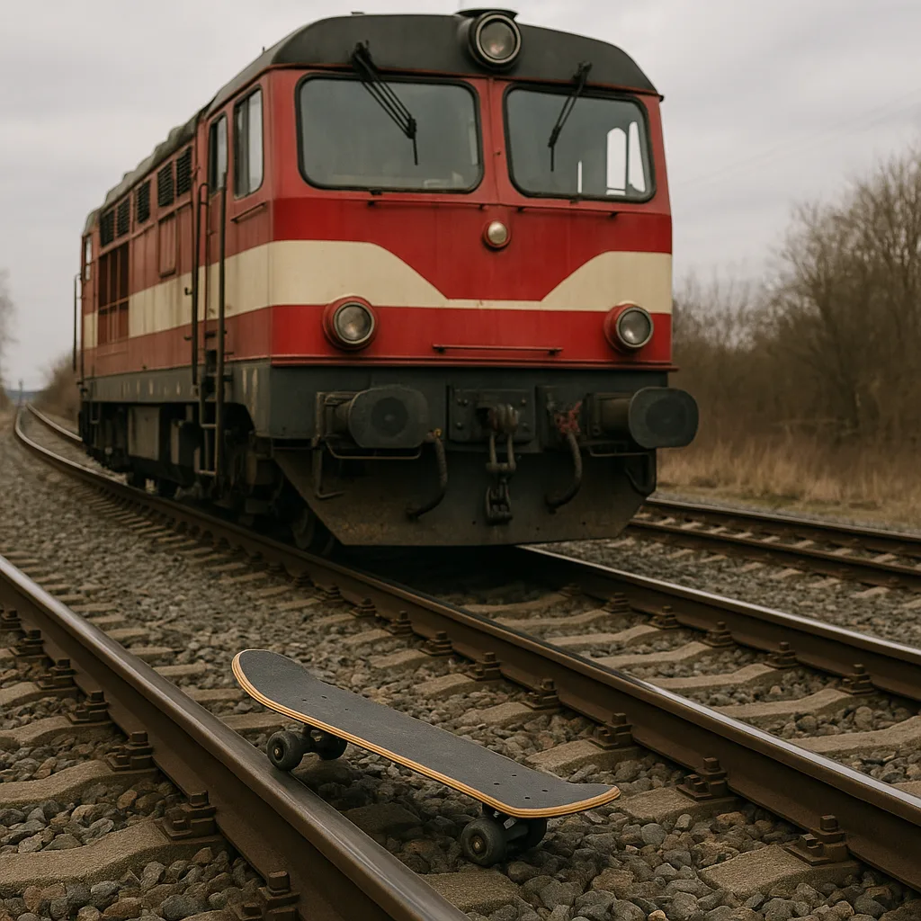 Image Depicting a Skateboard Placed on Train Tracks
