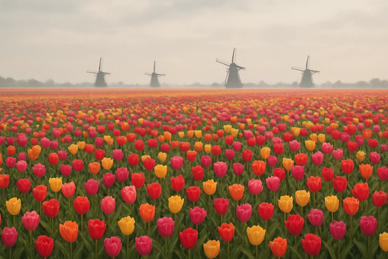 Sprawling Field of Countless Vibrant Tulips Stretches Towards a Distant