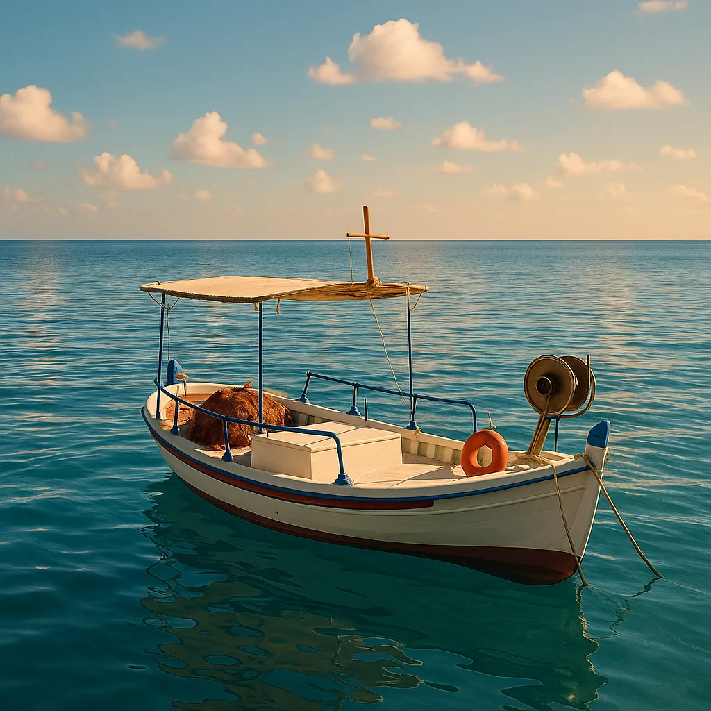 Modest Fishing Vessel Gently Floating on Serene Mediterranean Waters