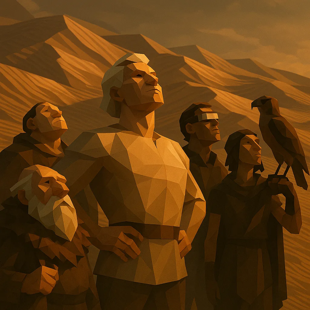 Five Polygonal Figures Gaze Skyward
